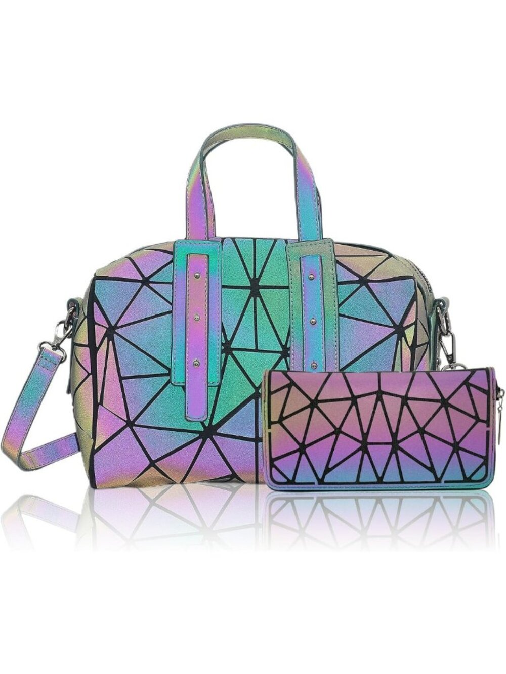Trendy Geometric Luminous Handbag & Crossbody Bag Set - Holographic Purse